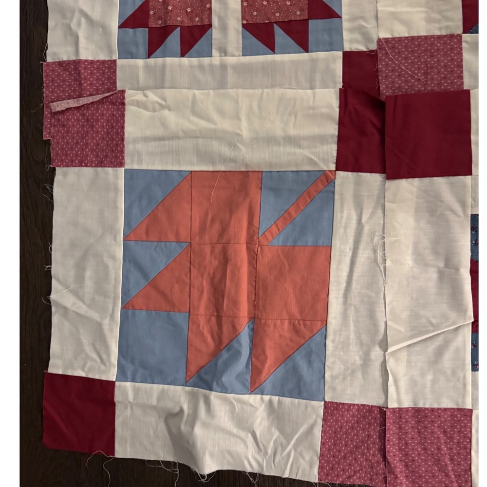 Handmade Quilt Top Panels 12 Vintage Patchwork Red White Blue Cotton - Picture 6 of 16